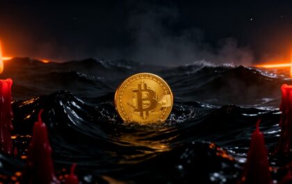 A physical Bitcoin coin sinking in dark water surrounded by red candles, one year after the 10/10 crash