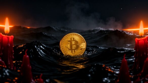 A physical Bitcoin coin sinking in dark water surrounded by red candles, one year after the 10/10 crash