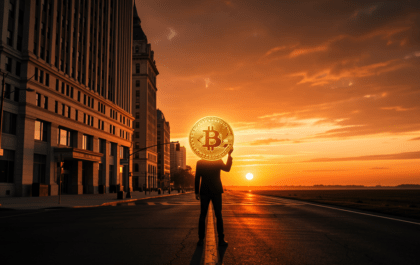 Cinematic Bitcoin crossroads illustration
