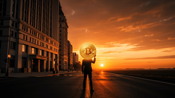 Cinematic Bitcoin crossroads illustration