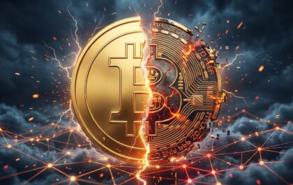 Golden Bitcoin coin splitting in two with lightning and a glowing network overlay, symbolizing the BIP-110 chain split that stalled at two blocks