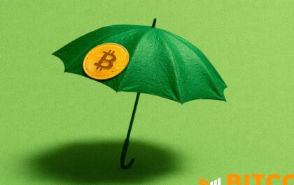 Gold Bitcoin coin resting on an open umbrella, symbolising Bitcoin life insurance and protection