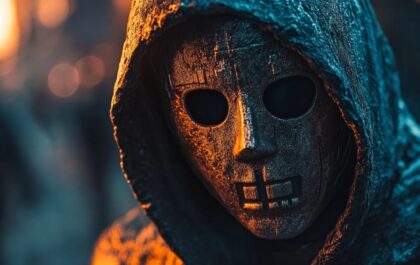 Hooded masked figure in dark lighting - anonymous hacker imagery