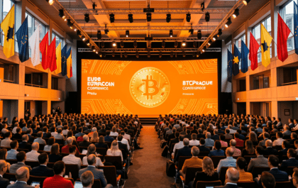 BTC Prague 2026 conference hall with Bitcoin orange theme and audience