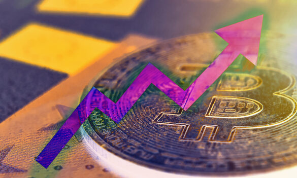 Golden Bitcoin coin with upward trending arrow - selling pressure at historic lows