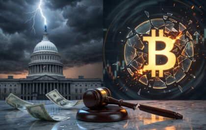 US Capitol under lightning storm with shattered Bitcoin symbol and broken gavel