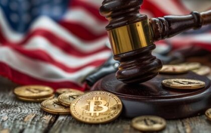 Judge gavel with Bitcoin coins and an American flag