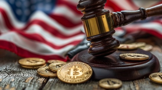 Judge gavel with Bitcoin coins and an American flag