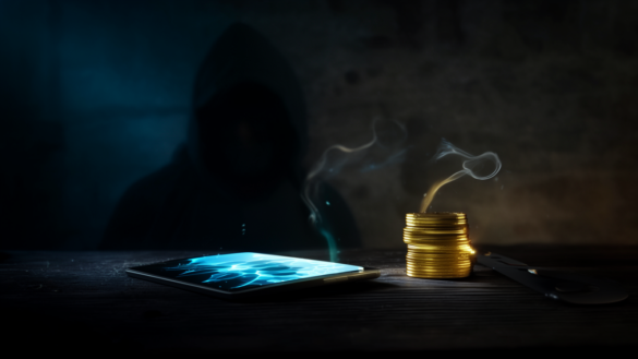 Cracked smartphone glowing on a dark table beside a stack of gold coins with a hooded figure in shadow — crypto scam concept image