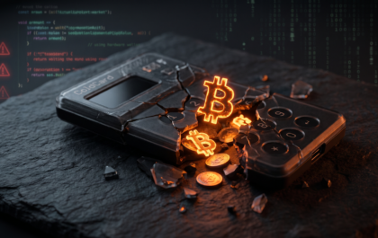 Broken Coldcard hardware wallet with Bitcoin coins spilling out after the entropy exploit