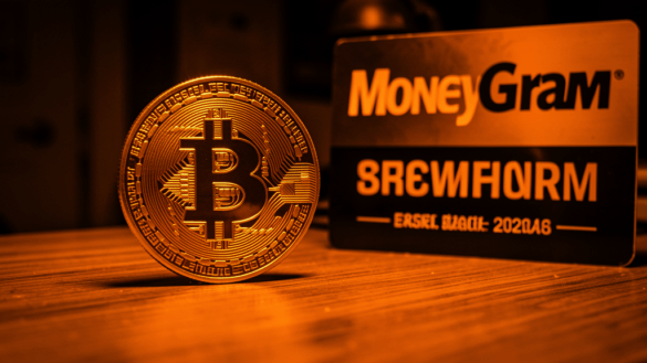 Bitcoin coin next to MoneyGram sign, self-custody message