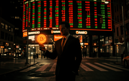 Dramatic image of a figure holding a Bitcoin coin in a financial district at night