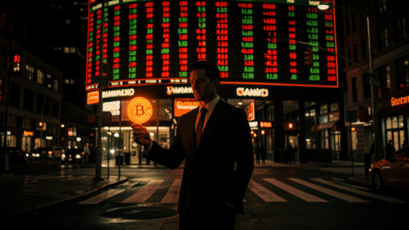 Dramatic image of a figure holding a Bitcoin coin in a financial district at night