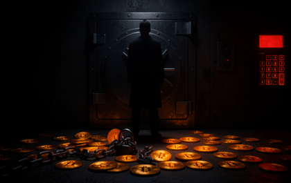 A dark vault scene with scattered Bitcoin coins and a broken lock chain, cinematic