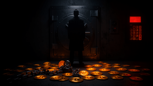 A dark vault scene with scattered Bitcoin coins and a broken lock chain, cinematic