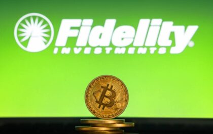Bitcoin coin with Fidelity Investments logo on green background
