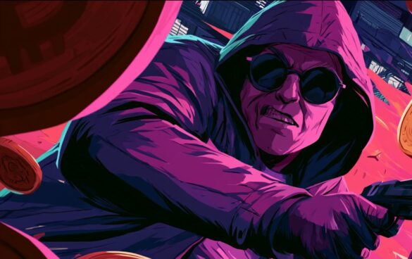 Hooded figure menacing with weapon and bitcoin coins — France tax leak wrench attack
