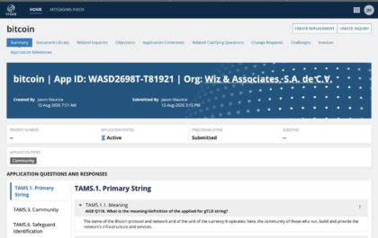 ICANN application page for the .bitcoin TLD