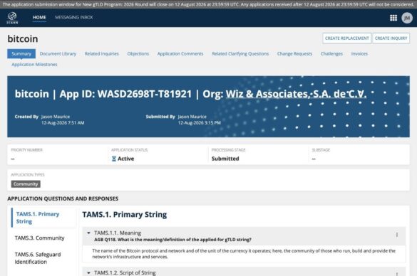 ICANN application page for the .bitcoin TLD