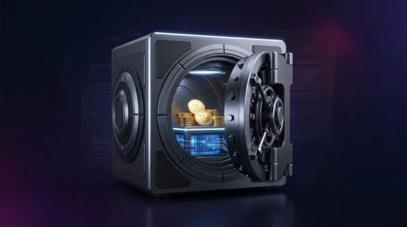 Open Bitcoin vault with stacked coins, illustrating bank custody versus self-custody