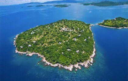 Aerial view of Lupita Island resort in Lake Tanganyika, Tanzania