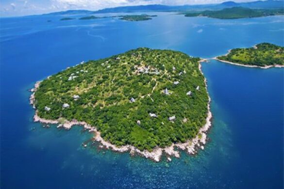 Aerial view of Lupita Island resort in Lake Tanganyika, Tanzania