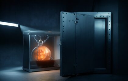 Bank vault with a chained Bitcoin coin in a locked display case under a security light