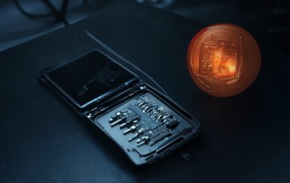 Disassembled hardware wallet with a hidden implant board next to a Bitcoin coin