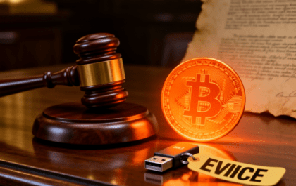 Bitcoin court gavel with USB drive and evidence tag - AI generated illustration on DGX Spark