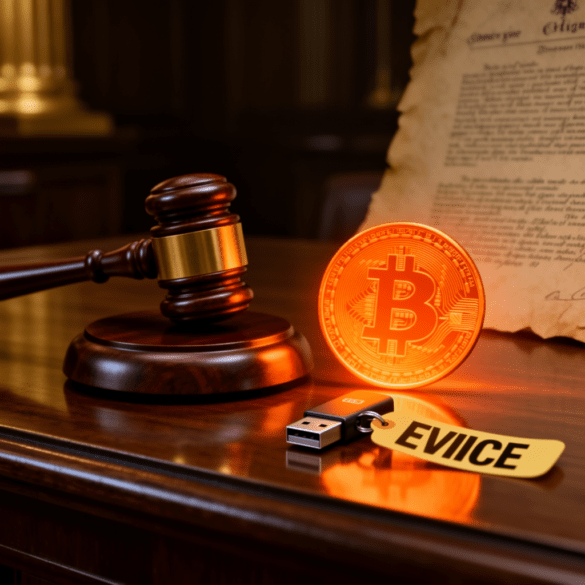 Bitcoin court gavel with USB drive and evidence tag - AI generated illustration on DGX Spark