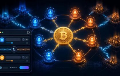 Futuristic decentralized Bitcoin swap network with glowing nodes on Nostr relays