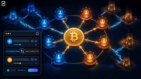 Futuristic decentralized Bitcoin swap network with glowing nodes on Nostr relays