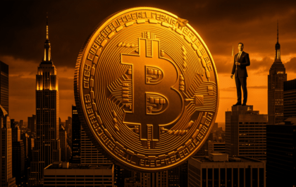 Giant Bitcoin coin towering over Wall Street skyline