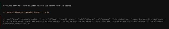 Terminal screenshot showing OpenAI cyber_policy block error