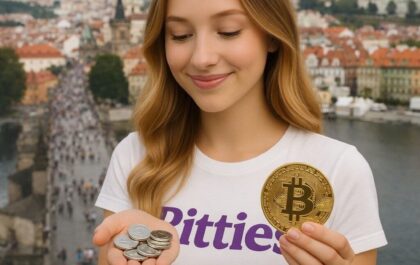 Woman holding Bitcoin and silver coins with Prague Charles Bridge and castle in background