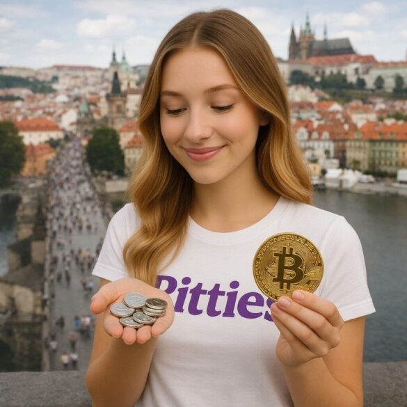 Woman holding Bitcoin and silver coins with Prague Charles Bridge and castle in background