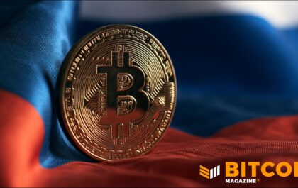 Bitcoin coin on Russian flag