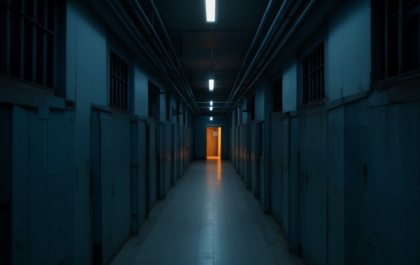 Empty prison cellblock corridor with warm orange light at the far end