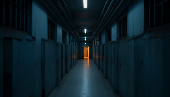 Empty prison cellblock corridor with warm orange light at the far end