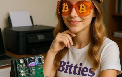 Woman in Bitcoin-themed mining setup, solo miner success