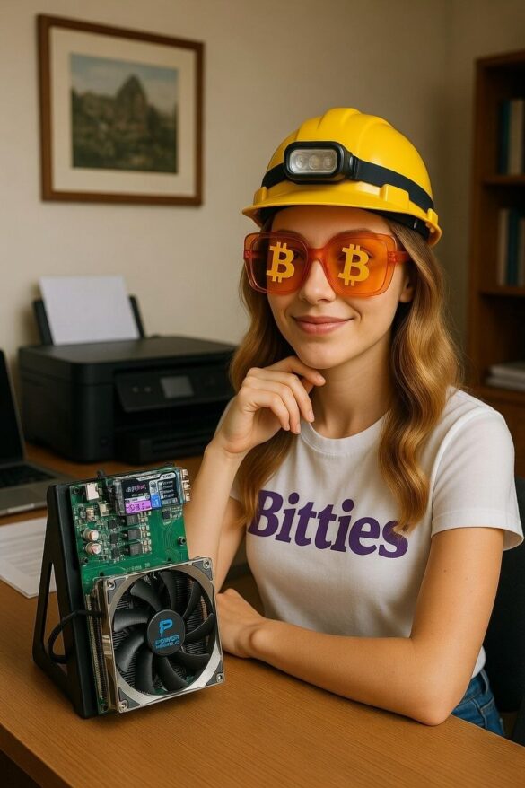 Woman in Bitcoin-themed mining setup, solo miner success