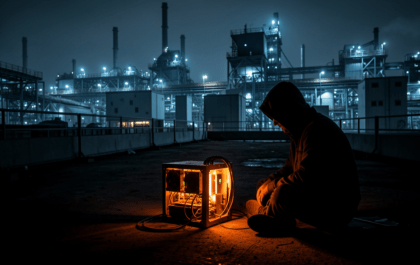 Solo Bitcoin miner with small rig in dark industrial setting