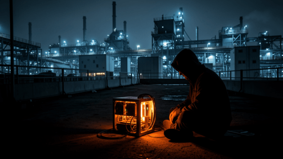 Solo Bitcoin miner with small rig in dark industrial setting