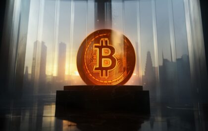 A glowing Bitcoin coin on a pedestal inside a glass-walled financial exchange hall at sunrise