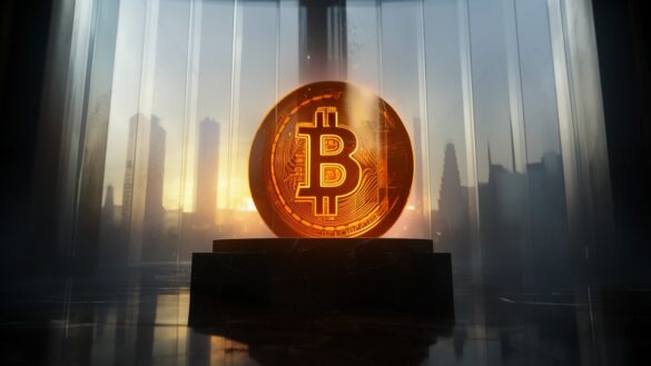 A glowing Bitcoin coin on a pedestal inside a glass-walled financial exchange hall at sunrise