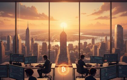 Abstract brokerage and Bitcoin news illustration (no brand marks)