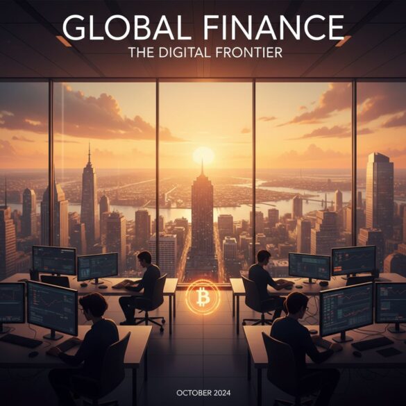 Abstract brokerage and Bitcoin news illustration (no brand marks)