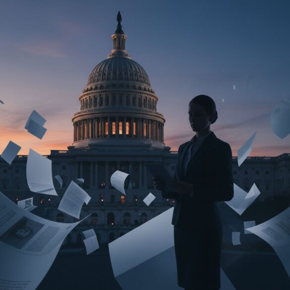 Stylized Capitol and Bitcoin news illustration (no identifiable people)