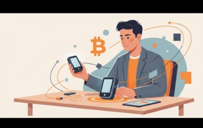 Illustration: person comparing two hardware wallets with Bitcoin orange accents