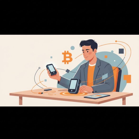 Illustration: person comparing two hardware wallets with Bitcoin orange accents